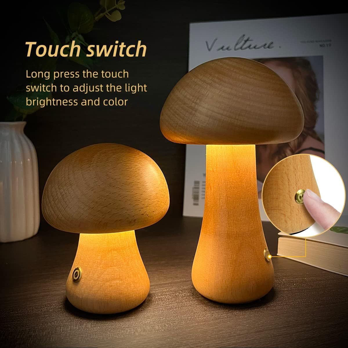 Wooden Mushroom LED Night Light – Touch Control Table Lamp for Kids' Bedrooms My Store